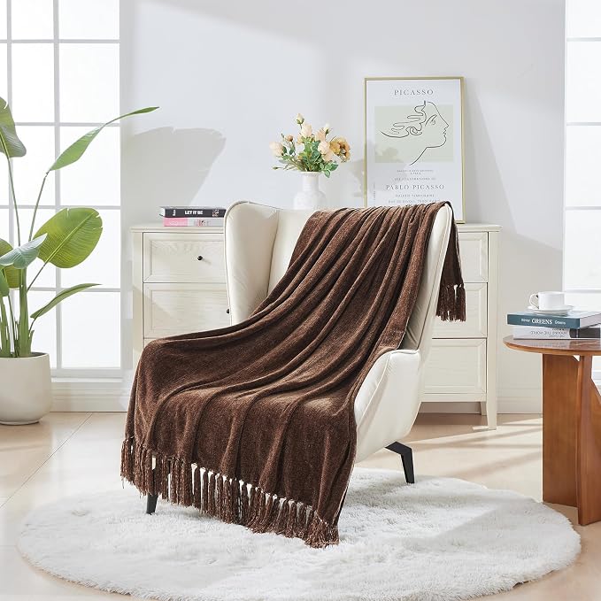 CozeCube Chenille Throw Blanket, Dark Brown Fringe Blanket, 50"X60" | For Couch, Cozy Plush Fuzzy Decorative Blanket with Fringe Tassels, Lightweight Throws for Bed Sofa Gift Home Decor