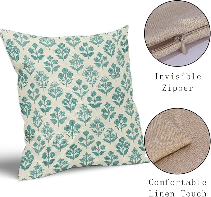 Teal Floral Pillow Covers 20x20 Inch Set of 2, Vintage Flower Block Print Pattern Decorative Throw Pillowcases Outdoor Farmhouse Cushion Covers Spring Summer Rustic Sofa Couch Bed Decor