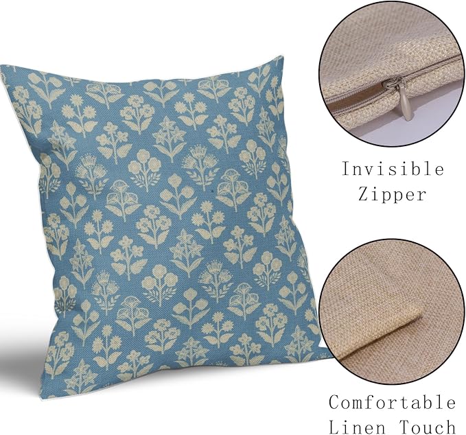 Light Blue Floral Pillow Covers 22x22 Inch Set of 2, Vintage Flower Block Print Pattern Decorative Throw Pillowcases Outdoor Farmhouse Cushion Covers Spring Summer Rustic Sofa Couch Bed Decor