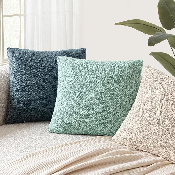 Foindtower Pack of 2 Textured Boucle Throw Pillow Covers Accent Solid Decorative Pillow Cases Cozy Woven Couch Cushion Case for Chair Sofa Bedroom Living Room Home Decor 20x20 Inch Aqua Blue
