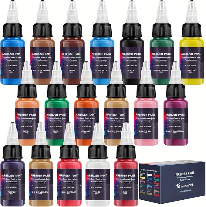 Airbrush Paint 18 Colors, Ready to Spray Airbrush Paint Set, Water-Based Acrylic Air Brush Paints for Metal, Plastic Models, Canvas, Wood, 0.67 Fl Oz/20ml