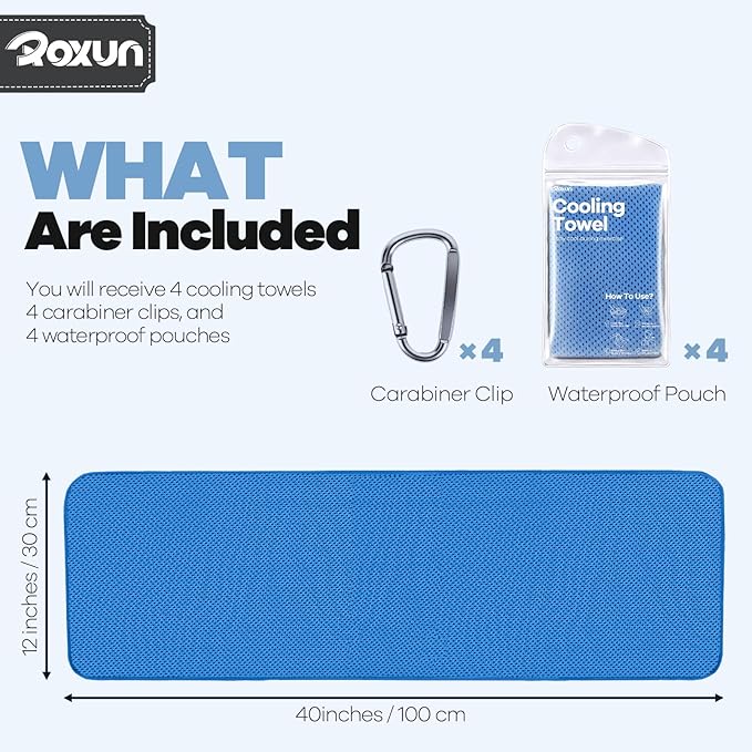 ROXUN 4 Pack Cooling Towels, 40''x12'' Soft Breathable Chilly Neck Ice Rags | Workout Running Golf Gray+Blue+Pink+Green
