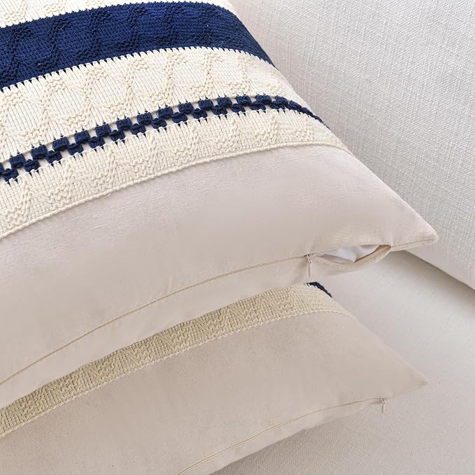 Fancy Homi Set of 1 Navy Blue Big Decorative Throw Pillow Covers 24x24 Inch for Couch Bed Sofa Living Room, Aesthetic Modern Organic Farmhouse Home Decor, Soft Cotton Woven Textured Cushion Case