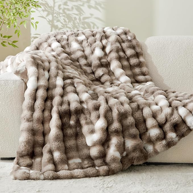 BEDELITE Faux Fur Throw Bubble Blanket for Couch, 60" x 80", Tie-Dye Taupe | 870GSM Soft Cozy Plush Blanket for Sofa & Bed Living Room Decor, Warm Fuzzy Faux Rabbit Fur for Women Gift, All Season Use