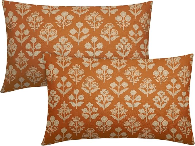Burnt Orange Pillow Covers 12x20 Inch Set of 2, Cream Floral Block Print Pattern Lumbar Decorative Throw Pillowcases Outdoor Farmhouse Rectangle Cushion Covers Spring Summer Sofa Couch Bed Decor