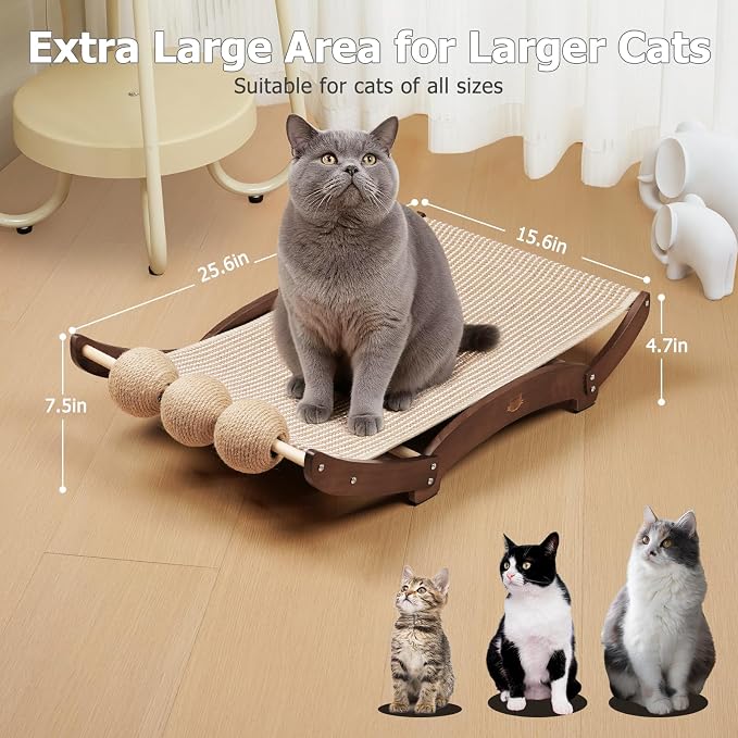 3 in 1 Sisal Cat Scratcher Bed, Solid Pine Cat Scratcher with Balls, Walnut | Extra Large Cat Scratching Post with Hammock, Cat Scratcher for Scratch & Play & Rest, Cat Furniture for Indoor Cats, Kitten