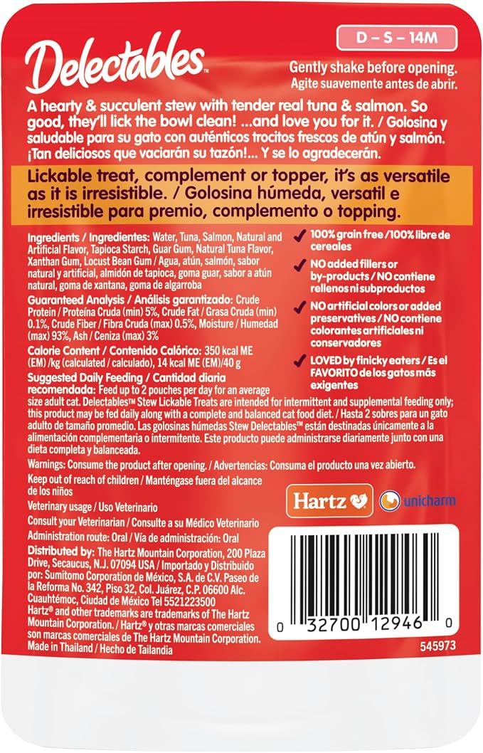 Delectables Lickable Treat Stew Wet Cat Treat with Real Tuna & Salmon, Food Topper, Hydrating, Grain-Free, No Fillers, No By-Products, No Added Preservatives, 1.4oz Pouch, 12ct