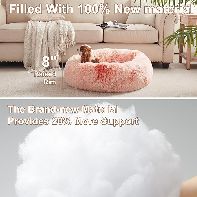 30 in Faux Fur Fluffy Donut Dog Bed for Medium Dogs,Tie-dye Pink | Calming Plush Round Pet Bed with Removable & Washable Cover,Fits up to 45 lbs Pets