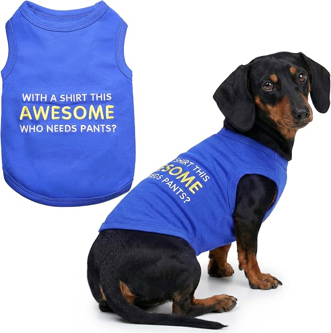 Parisian Pet Dog Tshirt - Embroidered “ Awesome “ Dog Shirt - Pure Cotton and Lightweight Dog Clothes - Blue Sleeveless Pet Tee Shirts - Cute Puppy Clothes - Pet Shirts for Large Dogs Boy - XL