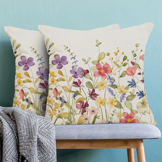 AEIOAE Spring Pillow Covers 22x22 Inch Set of 2, Colorful Wild Flower Leaves Plant Throw Pillows Case,Seasonal Floral Outdoor Decorative Farmhouse Decor Cushion Covers for Home Sofa Bed Couch