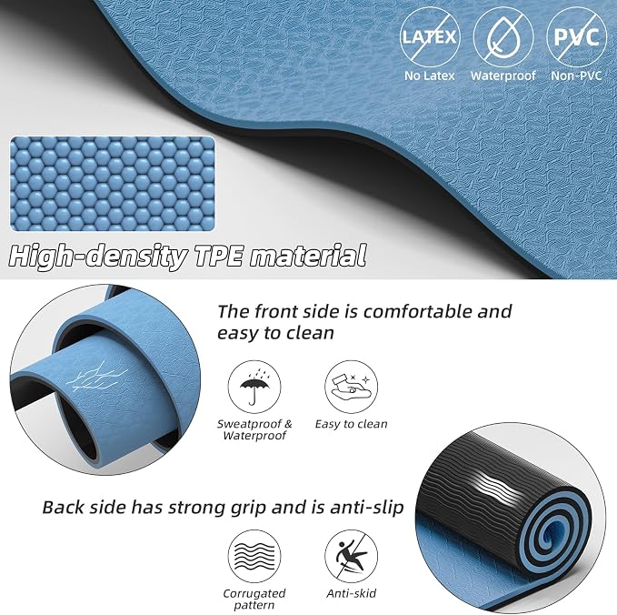 Large Exercise Mat | 10mm Thick TPE Non-slip Gym Mats, Carrying Strap