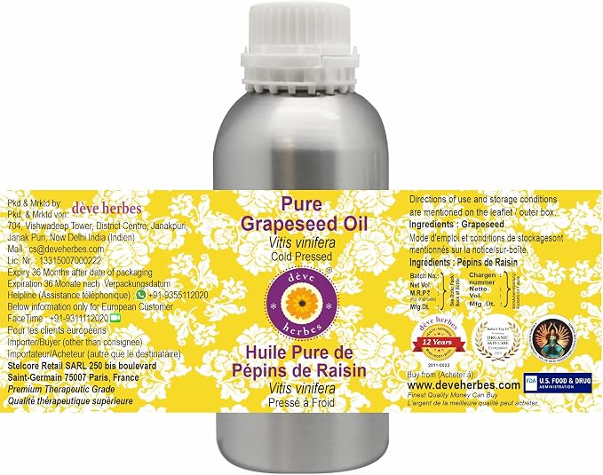 Deve Herbes Pure Grapeseed Oil (Vitis vinifera) 100% Natural Therapeutic Grade Cold Pressed 300ml (10.1 oz)