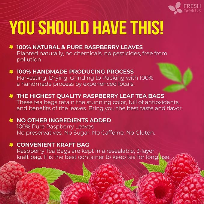 FreshDrinkUS, Premium Raspberry Leaf Tea with Chamomile – 135 Tea Bags | Naturally Caffeine-Free Herbal Blend | Soothing Floral Flavor | Premium Loose Herbal Tea in Natural Material Tea Bags