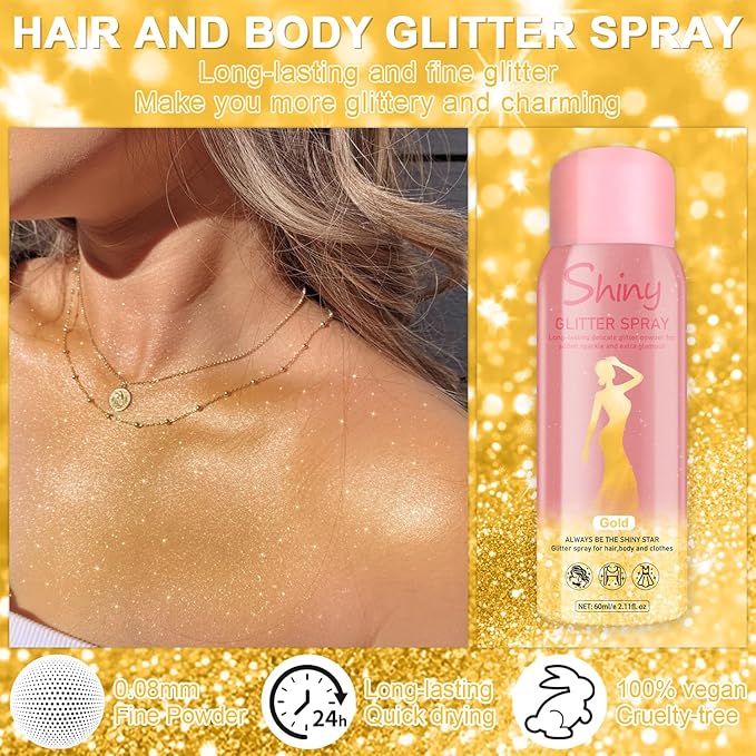Hair and Body Glitter Spray, 60ml Gold Glitter Hairspray Dry Powder Makeup for Clothes, Festival Rave Prom Loose Sparkle Powder,Holographic Ultra Fine Glitters for Crafts (Gold)