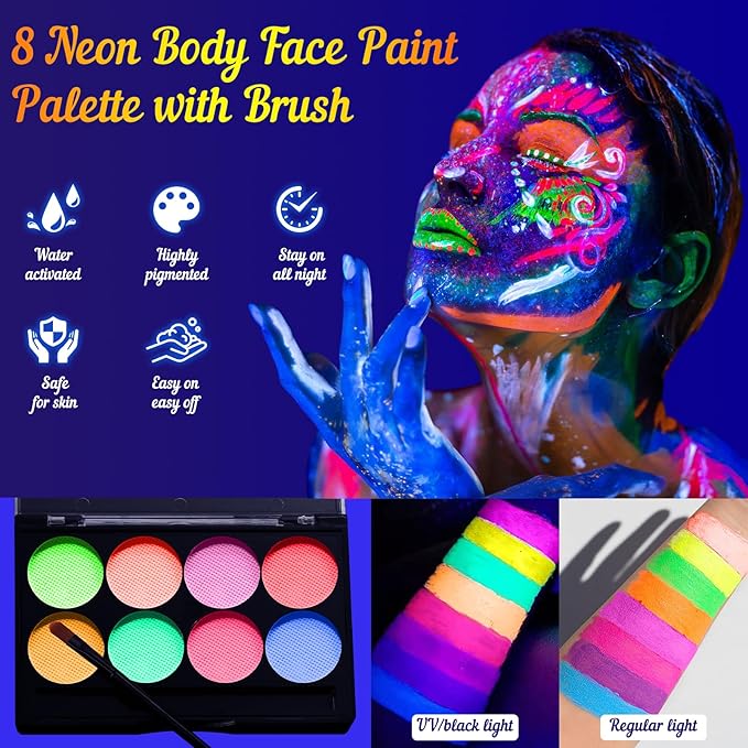 Neon Face Paint Glow in the Dark Face Painting Kit, U V Blacklight Face and Body Paint Makeup Glitter Gel Neon Paint Stick with Stencil for Halloween Party Cheer Raves Festival(Washable for Kid Adult)