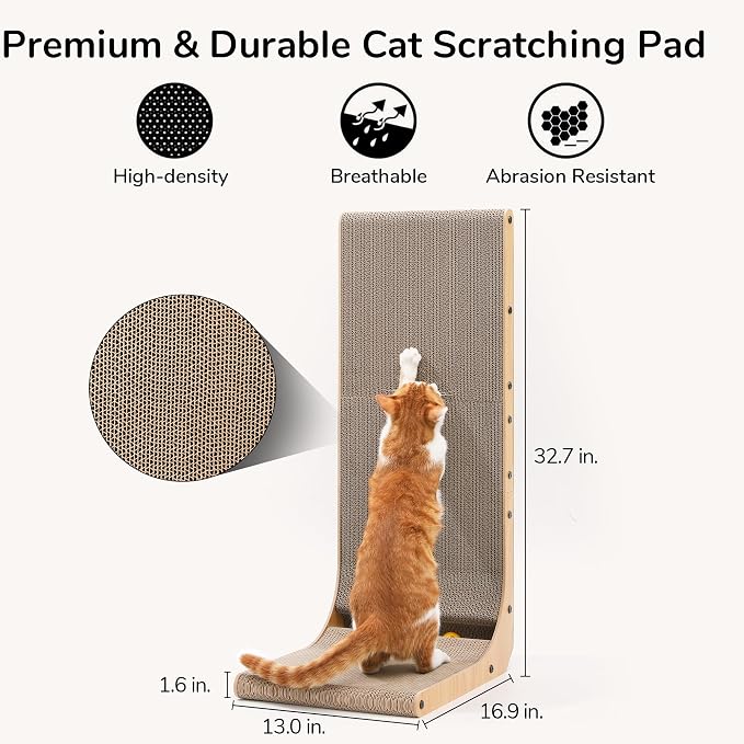 FUKUMARU Cat Scratcher for Indoor Cats, 32.7 Inch L Shaped Cat Scratch Pad | Extra Large Cardboard Cat Scratcher for Wall Sofa, Vertical Cat Scratching Board with Ball Cat Toy, Tall Cat Scratching Post