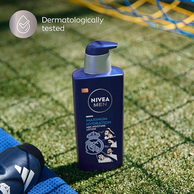 NIVEA MEN Real Madrid Limited Edition Design Maximum Hydration 48-Hour Moisture Body Lotion for Dry Skin, Aloe Vera Lotion for Men, 3-in-1 Body, Face and Hands, 16.9 Fl Oz Bottle