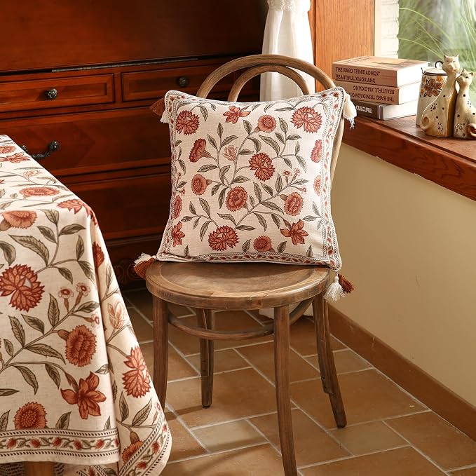 Vintage Elegant Linen Square Throw Pillow Cover,18"x18"-Albano A | Designer French Pillow Cover,Concealed Zipper Design,Orange Floral Pattern,Sofa,Bedroom,Living Room,Lounge Chairs
