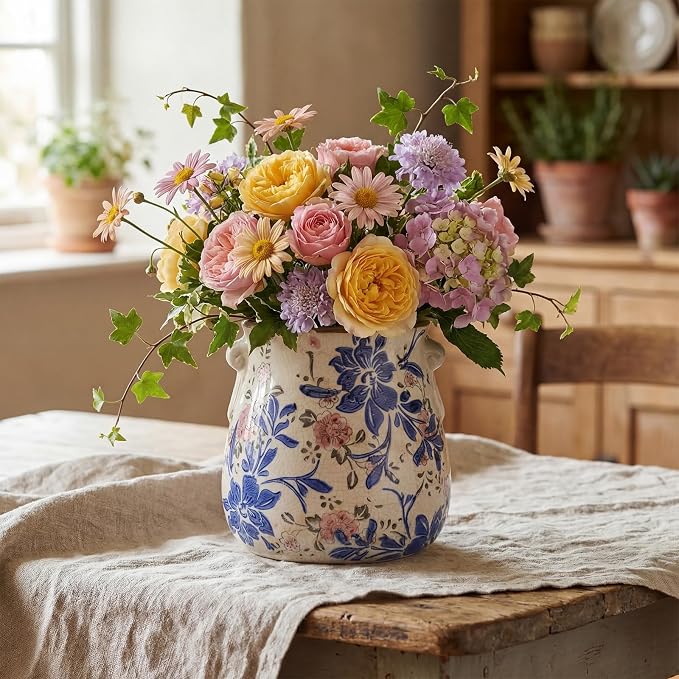 Ceramic Scroll Planter 6.5 Inch Chinoiserie Floral Vase with Drainage Holes Vintage Flower Vase Flower Pot Rustic Ceramic Pots for Indoor Plants Garden Home Bookshelf Decor(Blue, Red)