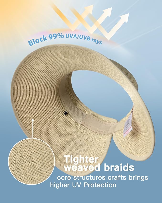 FURTALK Womens Sun Hat with Ponytail Hole Wide Brim Beach Straw Visor | Foldable & Packable for Beach Vacations, Adjustable Fit for Messy Buns, Detachable Windproof Strap, Sweat-Wicking Inner Band