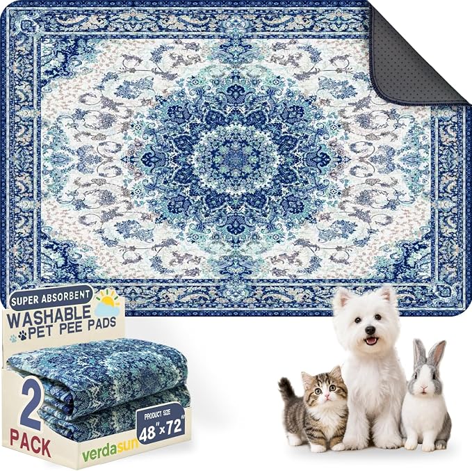 Washable Pee Pads for Dogs, Reusable Puppy Potty Training Pads, Ultra-Absorbent Thick Waterproof Leak-Proof Non-Slip Pads & Mat for Crate, Playpen, Floor, Whelping & Housebreaking , 2 Pack 48"x72"