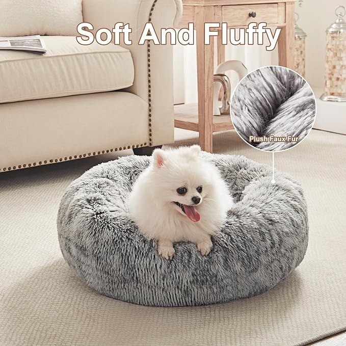 23 inches Faux Fur Fluffy Donut Dog Bed for Small Dogs,Dark Grey | Calming Plush Round Puppy Pet Bed with Removable & Washable Cover,Fits up to 25 lbs Pets