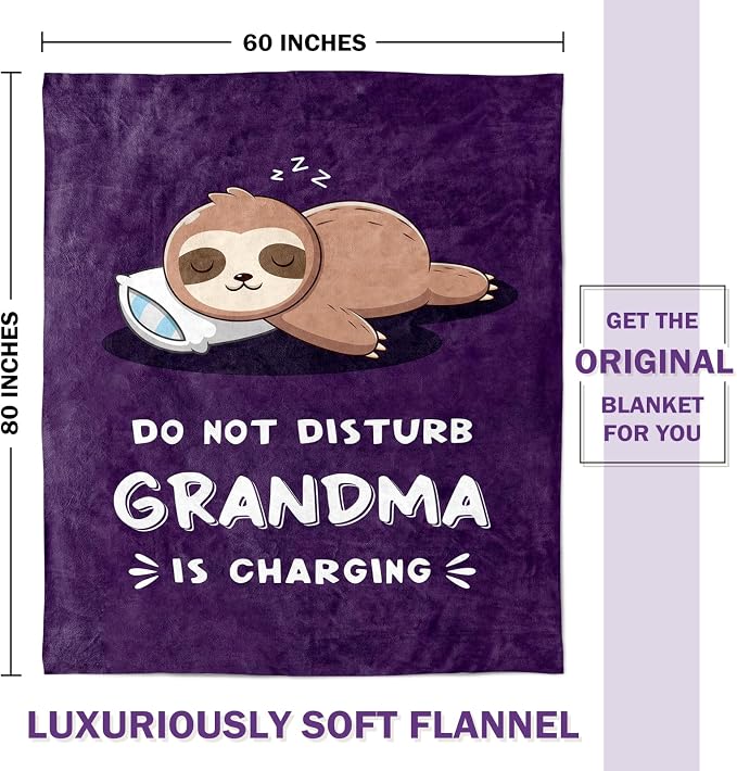 Leebbsin Funny Gifts for Grandma, Grandma Birthday Gift from Grandkids | Grandma is Charging Sloth Blanket 60" x 80", Purple, Grandmas Gift for Christmas Mothers Day, Soft Sloth Blanket for Grandma