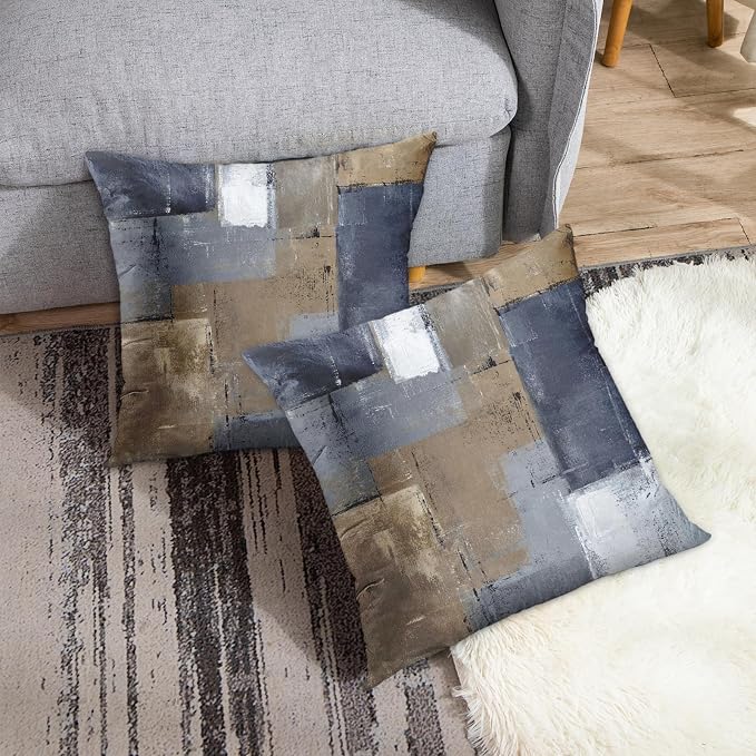 Throw Pillow Covers Set of 2, 20 x 20 Inch, Blue Brown Grey Taupe | Abstract Modern Art Outdoor Decorative Square Pillow Cases Couch Cushion Case for Couch Bed Sofa Living Room Home Decor