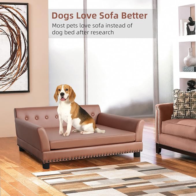 Large Leather Dog Sofa: Scratch Resistant Pet Couch up to 77lbs | Luxury Modern Indoor Dog Furniture, Elevated Wooden Frame Doggie Lounge Bed for Large Pet, Replaceable Cover, Easy Clean