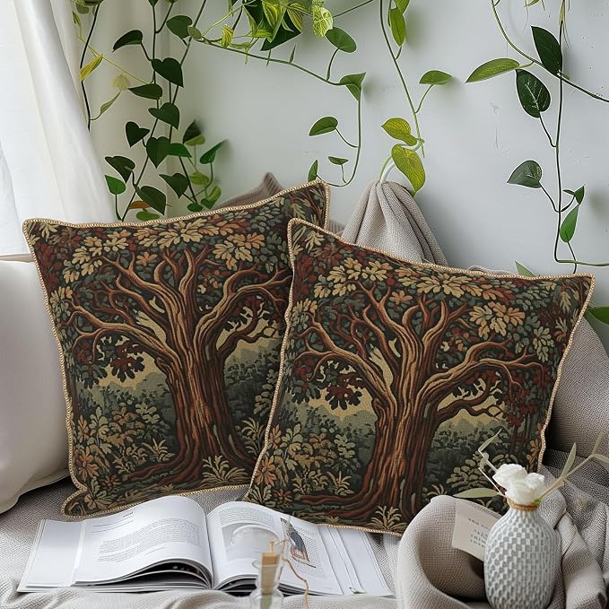 Vintage Forest Tree Velvet Pillow Covers 20x20 Inch Green Retro Tapestry Throw Pillows for Couch Cushion Covers Pillowcase Boho Farmhouse Pillow Cases for Sofa Bed Bedroom