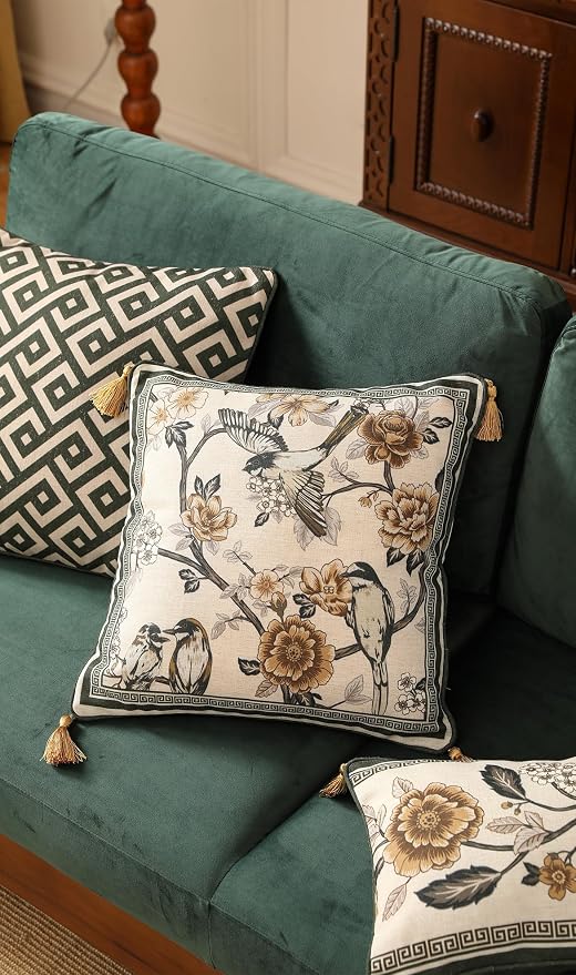 Vintage Elegant Linen Square Throw Pillow Cover,18"x18"-Murad A | Designer French Decor Pillow Cover,Concealed Zipper Design,Floral and Bird Pattern,Sofa,Bedroom,Living Room,Lounge Chairs