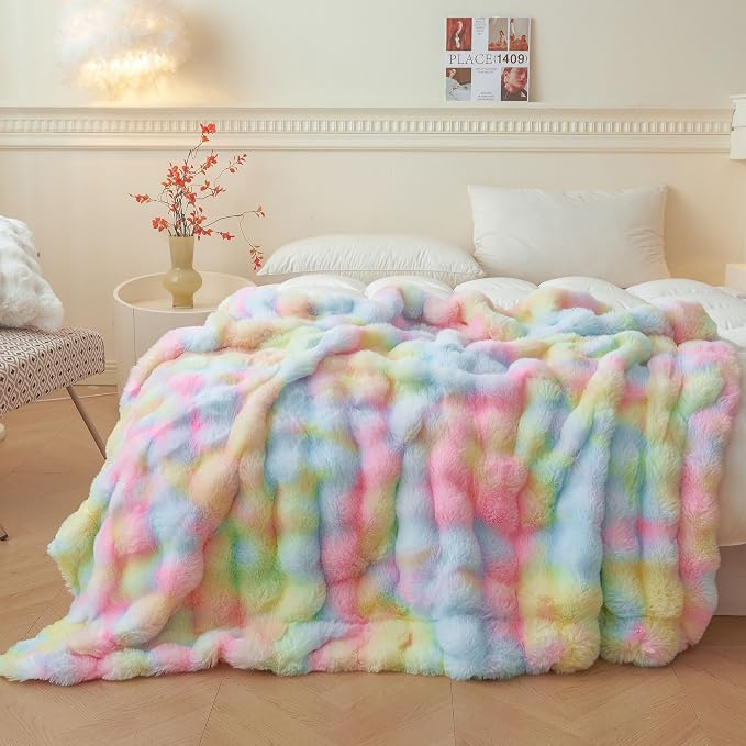 LIFEREVO Luxury Fluffy Faux Rabbit Fur Throw Blanket 60x80, Rainbow | Plush Fuzzy Bubble Lap Throw for Couch Sofa Office, Soft Cozy Tie Dye Furry Bed Blanket Home Decor, Washable & Skin-friendly