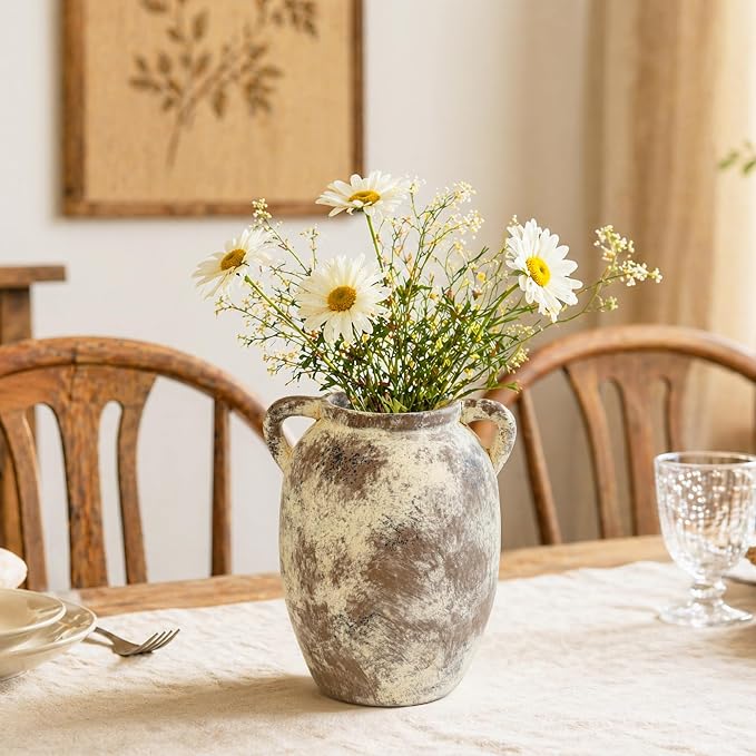 DREAMLOOM 7.6 Inch Ceramic Flower Vase, Terracotta | Double Handles, Farmhouse Vintage, Pottery, Home Decor, Living Room Dining Table Wedding Centerpieces