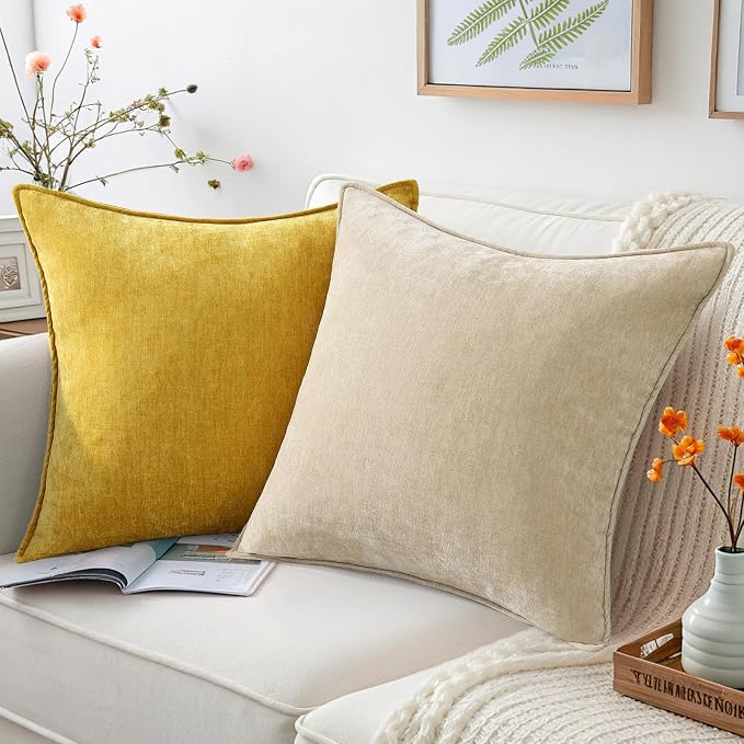 decorUhome Spring Couch Throw Pillow Covers 18x18 Set of 2, Decorative Soft Velvet Neutral Chenille Pillow Covers with Elegant Design for Sofa Bed Living Room Home Decor, Beige (Pack of 2)