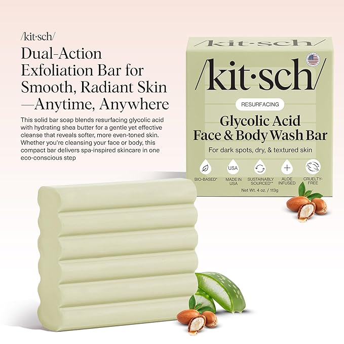 Kitsch Glycolic Acid Face & Body Wash Bar – Resurfacing Bar Soap with Shea Butter for Smoother, Brighter Skin – Gentle Soap & Body Wash Women & Men Love – Cucumber & Eucalyptus Scent Bath Soap - 4 oz