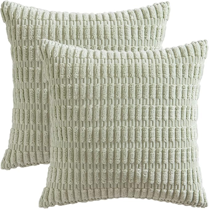 MIULEE Corduroy Decorative Throw Pillow Covers 18x18 Light Green Pack of 2 | Soft Boho Striped Pillow Covers Modern Farmhouse Home Decor For Sofa Living Room Couch Bed