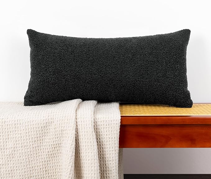 JoraLion 12x24 inch Boucle Lumbar Pillow Cover, Black Woven Texture Neutral Long Pillow Cover Breathable Cushion Case for Couch Sofa Bed Living Room Home Decor (Cover Only)