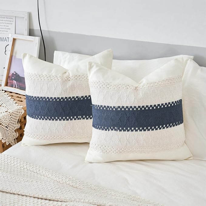 Throw Pillow Covers 1PC for Living Room, Cotton & Burlap, Boho Sytle Decorative Home (Beige & Blue, 18x18 Inch)