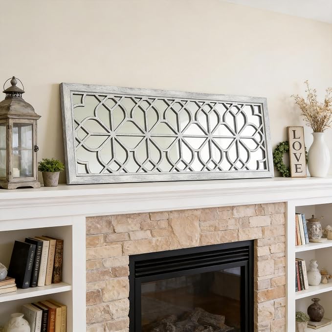 Set of 2 16x41.5 Inch Large Carved Floral Wood Frame Wall Mirrors, Shatterproof Boho Farmhouse Rustic Accent Mirrors for Living Room, Bedroom, Bathroom, Entryway & Home Wall Decor (Gray)