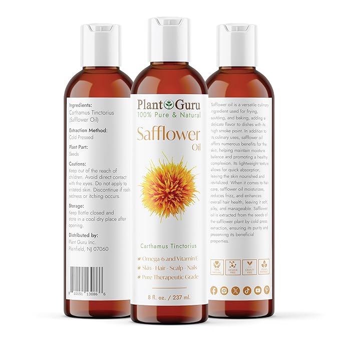 Plant Guru Safflower Oil 8 fl. oz. – Cold Pressed, 100% Pure & Natural Carrier for Skin, Face, Body, Hair, and Cooking. Great for DIY Creams, Lotions, and Lip Balms.