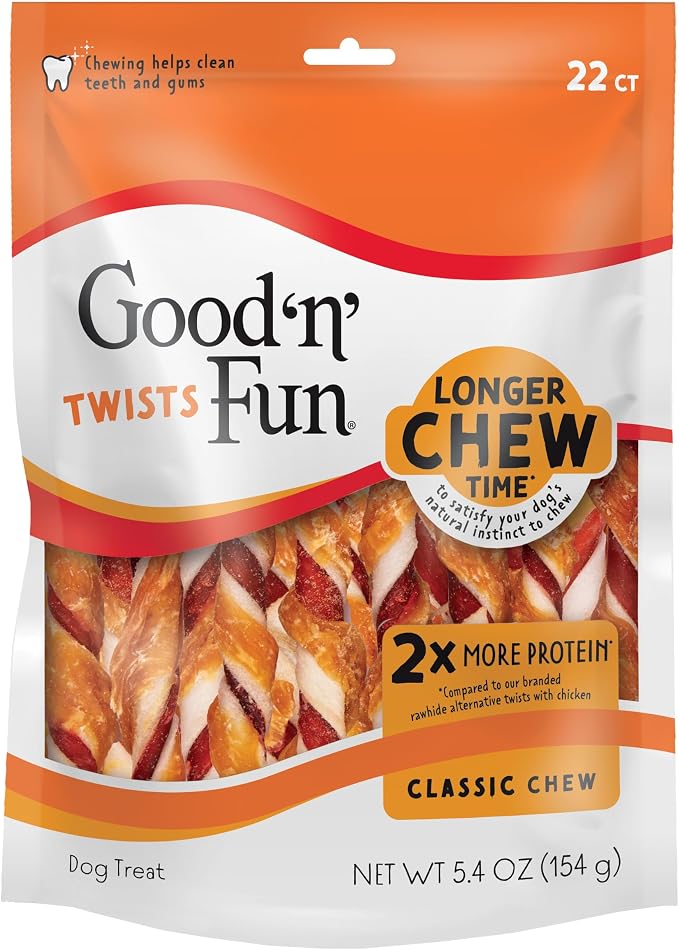 Good 'n' Fun Twists Long-Lasting Dog Treat Made With Real Protein, 22 Count | Premium Chicken, Pork and Beef Hide Chew, Supports Dental Health and Mental Stimulation, For Adult Dogs