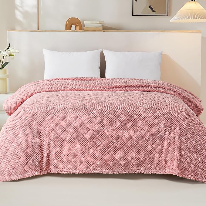 Whale Flotilla Soft Fleece Queen Size Blanket for Bed, Pink | Jacquard Waffle Blankets for Home Decor, Lightweight and Cozy, All Season Suitable, 90x90 Inch