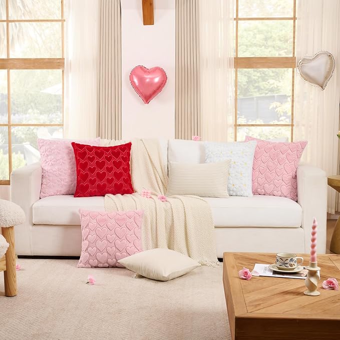 Softalker Pink Heart Pillow Covers 20 x 20 Inch Set of 2, Spring Summer Soft Faux Fur Cushion Covers, 3D Embroidered Pillow Cases for Sofa, Couch, Bedroom