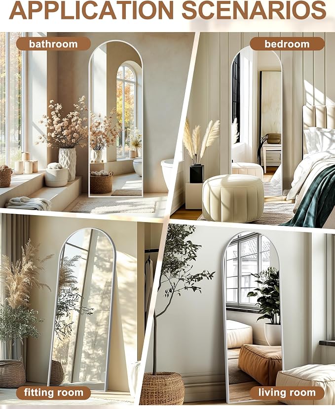Arched Full Length Mirror with Stand, 69x24 Silver Floor Mirror | Aluminium alloy frame with HD float glass for distortion-free reflection. Free standing or wall mounted.