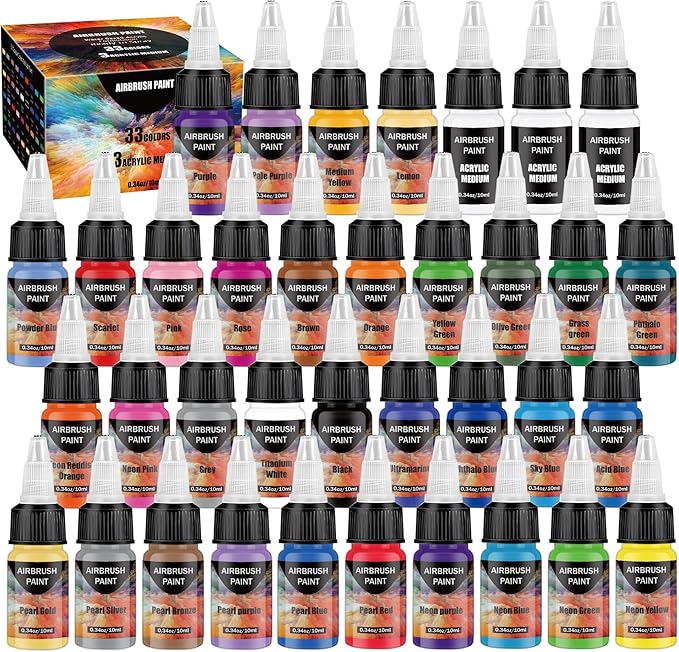 Airbrush Paint - 33 Colors Airbrush Paint Set with 3 Tinner, Plastic & Wood Acrylic Air brush Paint Kit Ready to Spray, Water-Based for Artists Beginners Hobbyist, 0.34 Fl Oz/10ml - 36 Bottles