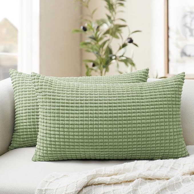 Softalker Corduroy Decorative Throw Pillow Covers 12x20, 2 Pack, Sage Green | Soft Boho Striped Pillow Cases, Couch Fluffy Cushion Covers for Farmhouse Home Decor Bed Living Room