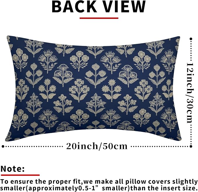 Dark Blue Pillow Covers 12x20 Inch Set of 2, Cream Floral Block Print Pattern Lumbar Decorative Throw Pillowcases Outdoor Farmhouse Rectangle Cushion Covers Spring Summer Sofa Couch Bed Decor