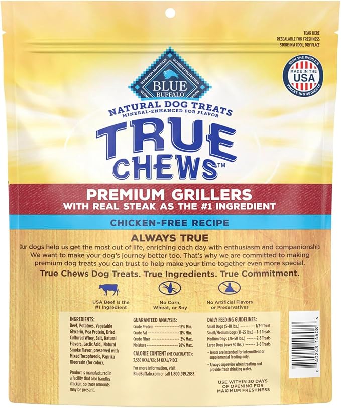 Blue Buffalo True Chews Premium Grillers Dog Treats, Made in the USA with Natural Ingredients, Steak, 30-oz. Bag (Pack of 3)