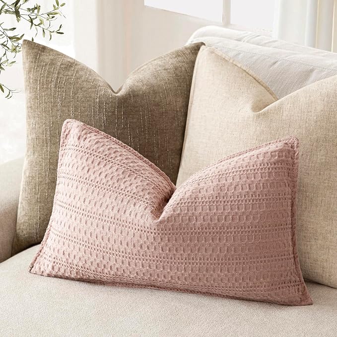 Foindtower Set of 2 Decorative Cotton Waffle Weave Lumbar Throw Pillow Covers Euro Shams Cushion Covers Accent European Pillowcase for Bed Couch Bedroom Living Room Home Decor 12×20 Inch Dusty Pink