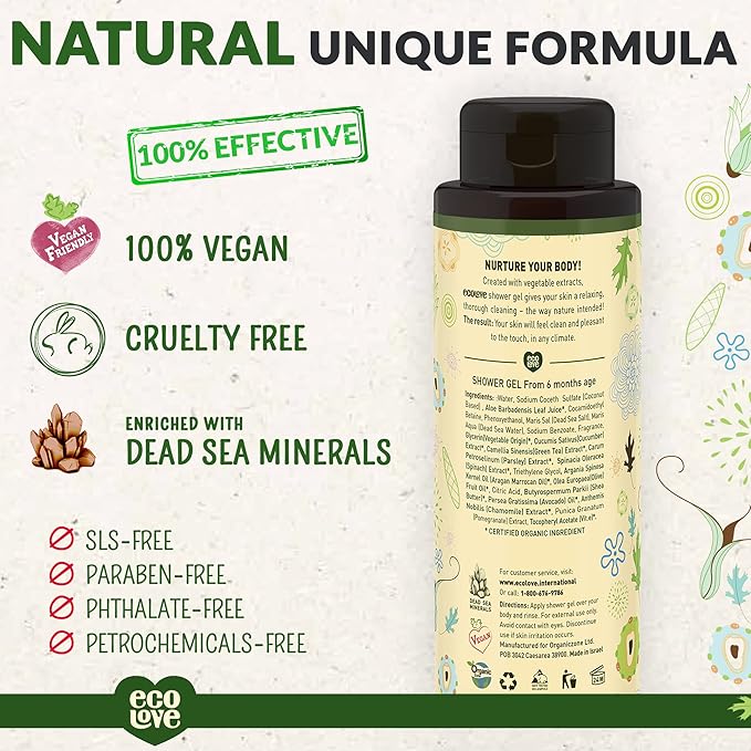 ecoLove - Natural Moisturizing Body Wash for Dry Skin - With Organic Cucumber - No SLS or Parabens - Vegan and Cruelty-Free Shower Gel, 17.6 oz